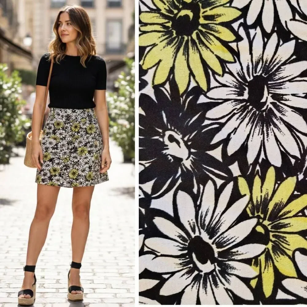 VTG 80s Floral Wrap Skort High Waist‎ Yellow Black White Rayon SZ 14 *Medium